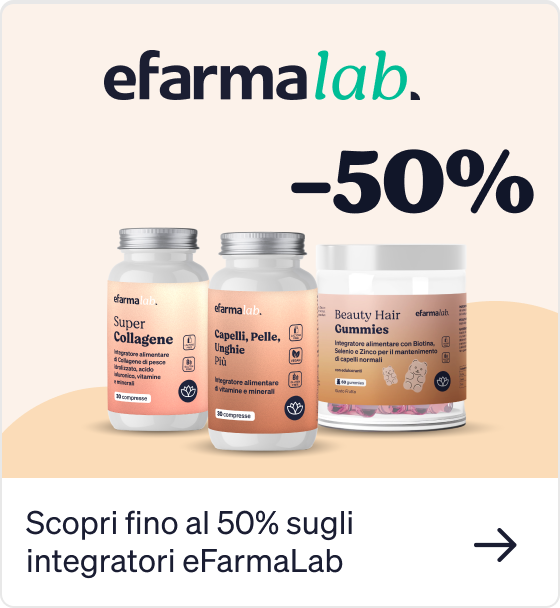 eFarmaLab logo with three supplement jars (Super Collagene, hair and skin formulas) and prominent -50% discount banner