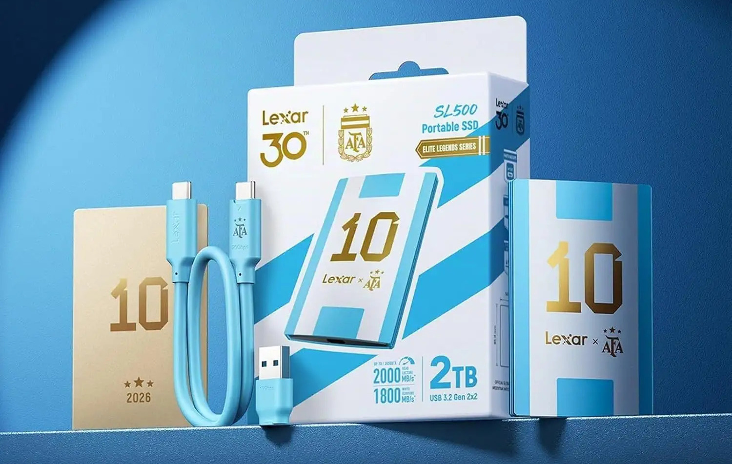 Lexar SL500 2TB portable SSD with blue USB-C cable and light-blue packaging featuring a gold 10 football-themed design