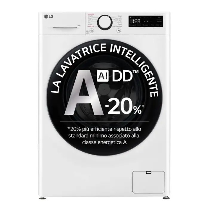 White LG front-load washing machine with large 'AI DD' energy-efficiency badge reading A -20% and control panel display