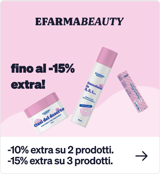 EFARMABEAUTY pink skincare set (cream jar, spray bottle, tube) on pastel background with 'up to -15% extra' promotion and discount details