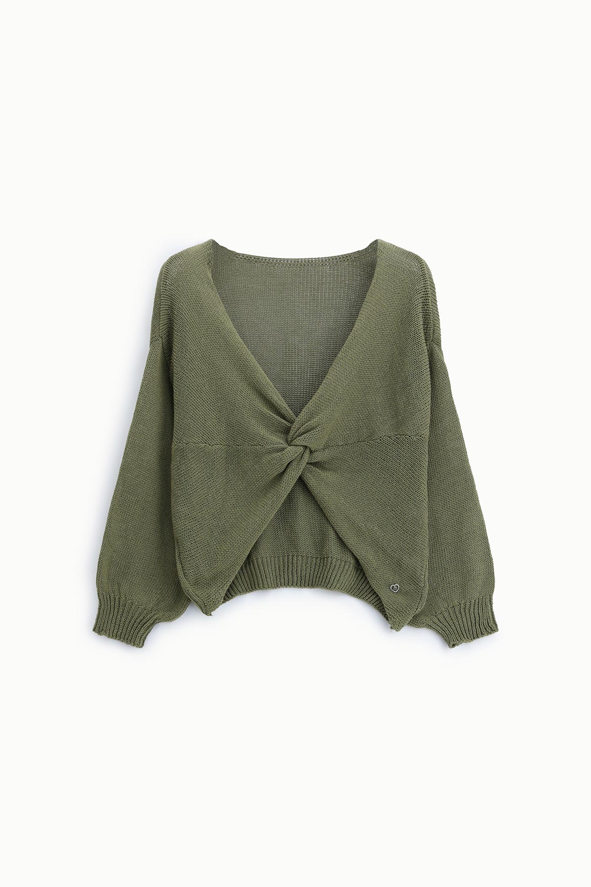 Olive green knitted V-neck sweater with front twist detail and balloon sleeves, ribbed cuffs