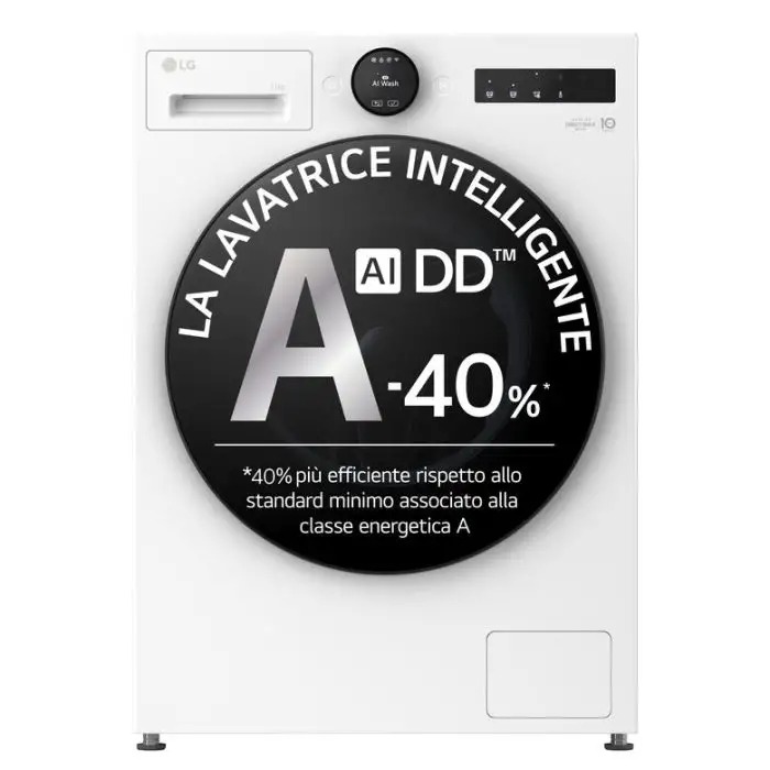 Front-loading white LG washing machine with large black AI DD A -40% energy-efficiency badge and top control panel