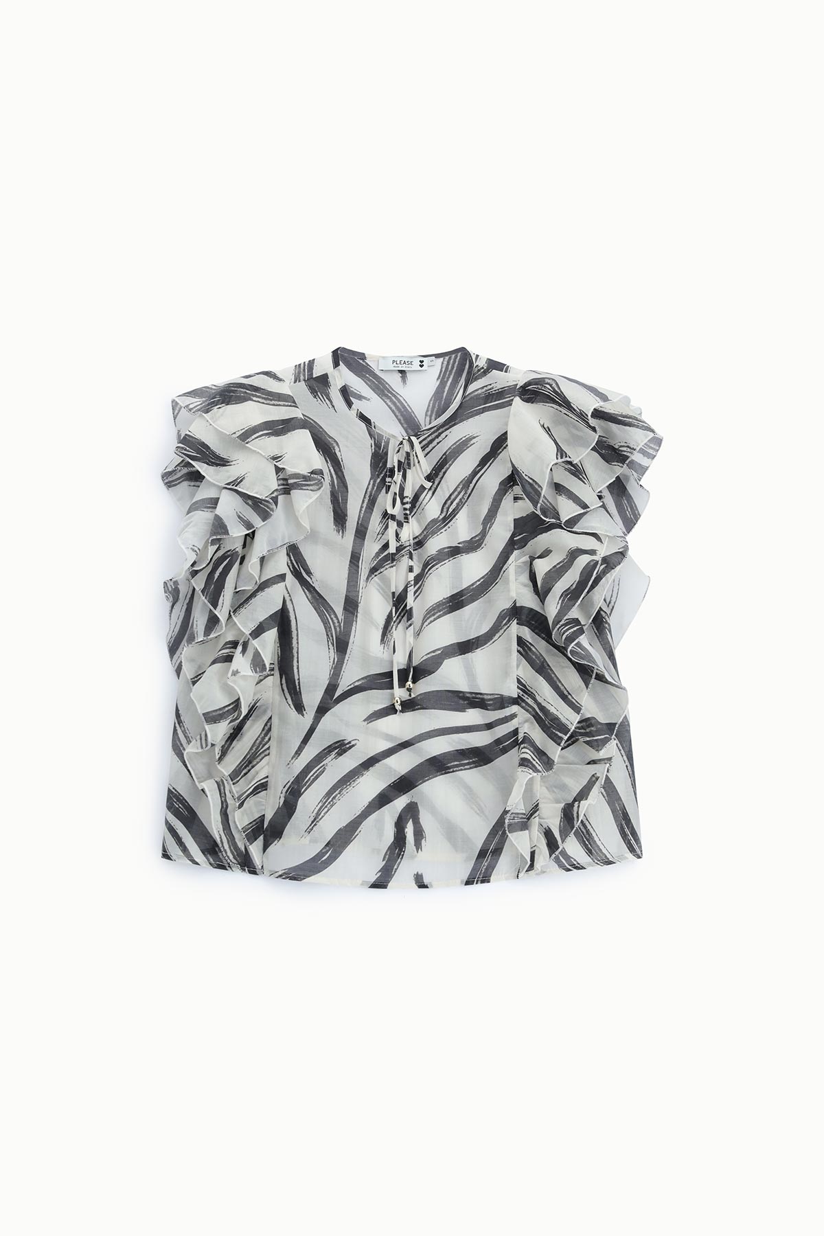 Women's sheer black-and-white zebra print blouse with tie neckline and layered ruffle sleeves