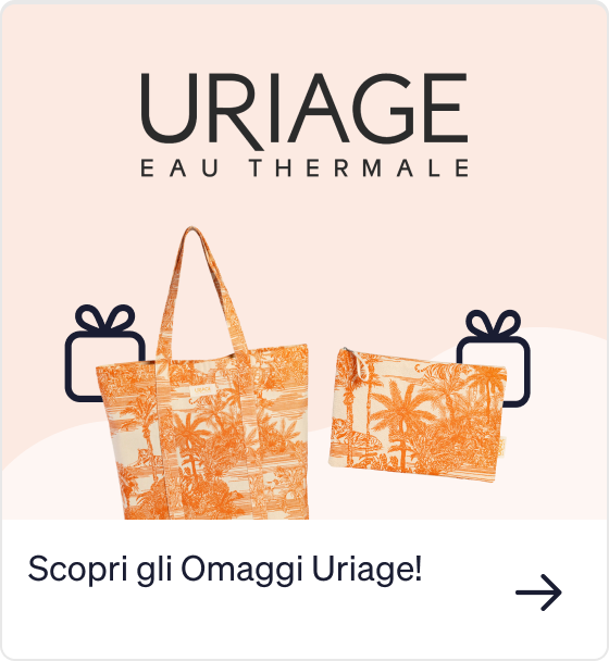 Uriage Eau Thermale logo above two orange tropical-print gift bags and a pouch on a pale background with gift icons