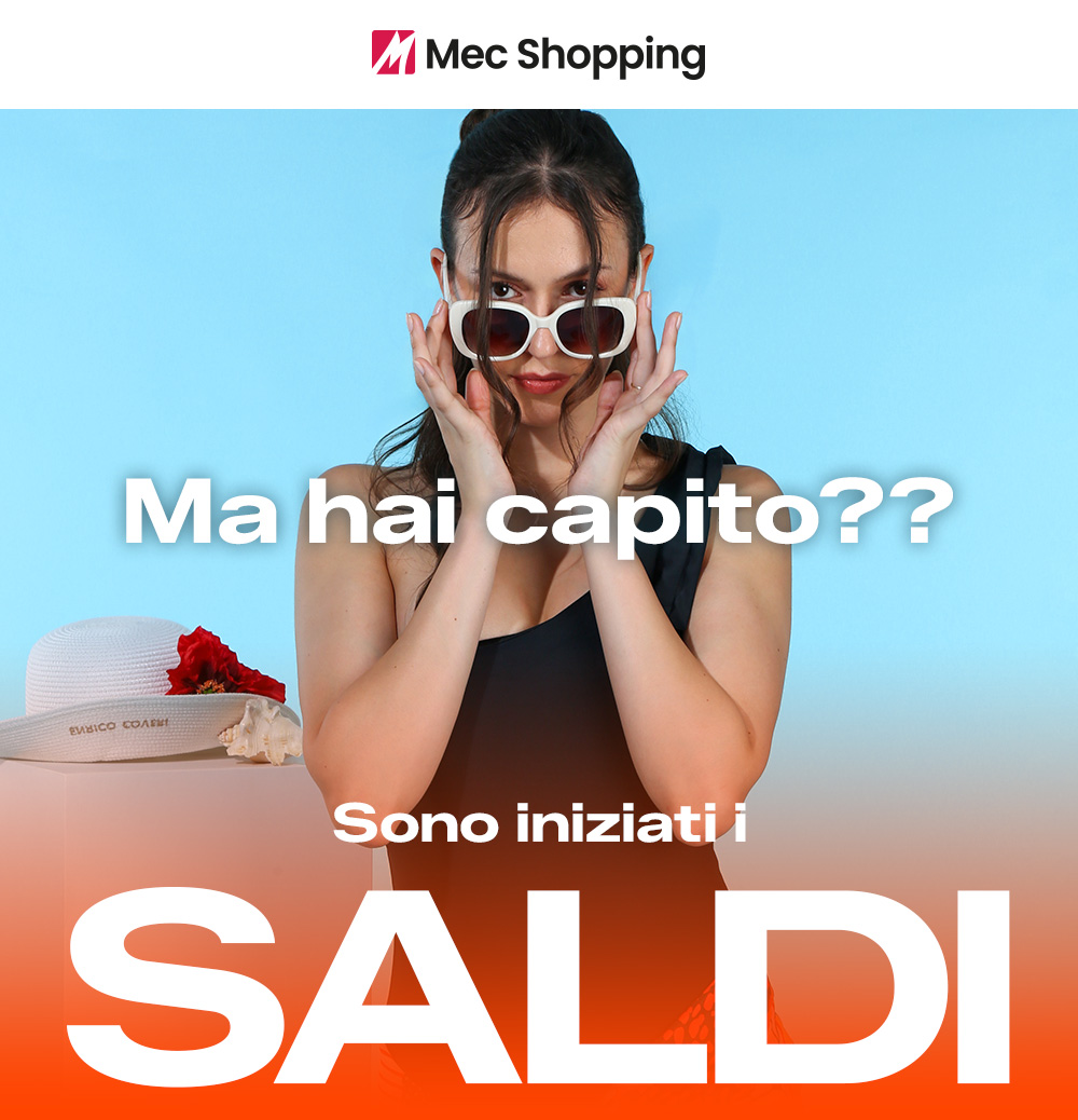 Mec Shopping banner showing a woman adjusting white sunglasses against a blue backdrop with Italian 'SALDI' sale text