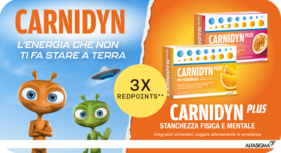 “Prodotti Carnidyn Plus per la stanchezza fisica e mentale su sfondo arancione e azzurro, con due personaggi illustrati. Testo: ‘Carnidyn. L’energia che non ti fa stare a terra’. In evidenza promozione 3X RedPoints.” “Prodotti Carnidyn Plus per la stanchezza fisica e mentale su sfondo arancione e azzurro, con due personaggi illustrati. Testo: ‘Carnidyn. L’energia che non ti fa stare a terra’. In evidenza promozione 3X RedPoints.”
