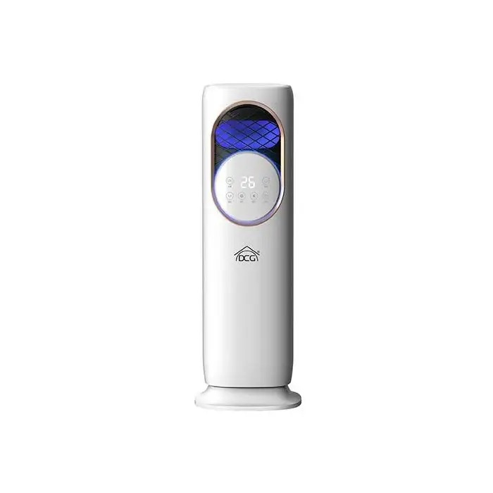 White tower air purifier with circular touch digital display, blue LED accent light and pedestal base