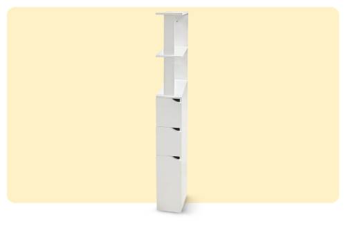 Tall slim white storage tower with three drawers and two open shelves, vertical bathroom or hallway cabinet on pale yellow background
