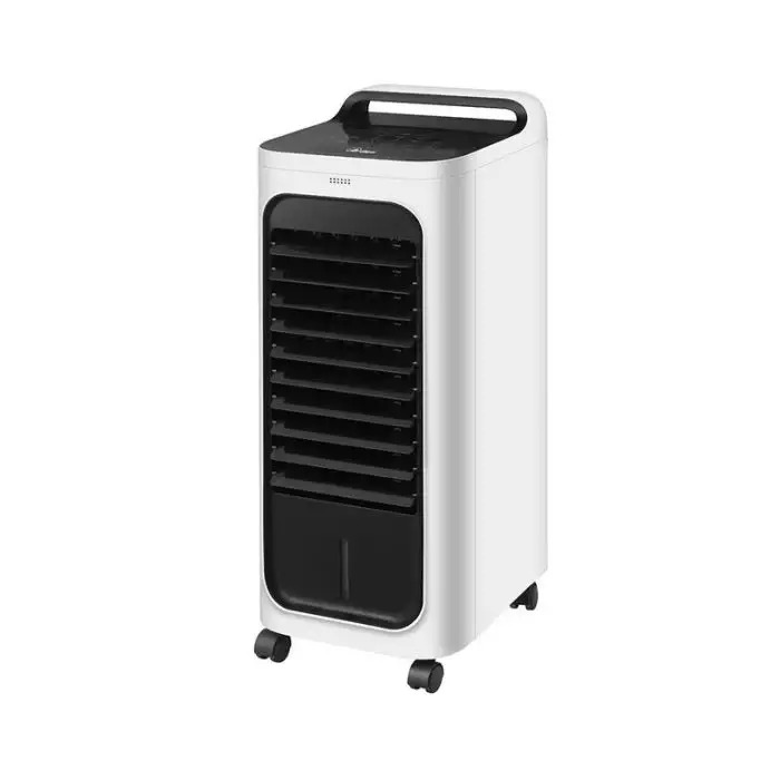 Portable white-and-black evaporative air cooler with adjustable front louvers, top carry handle and caster wheels
