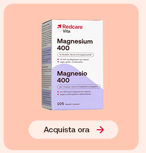 “Confezione Redcare Vita Magnesio 400 su sfondo rosa con pulsante ‘Acquista ora’.” “Confezione Redcare Vita Magnesio 400 su sfondo rosa con pulsante ‘Acquista ora’.”