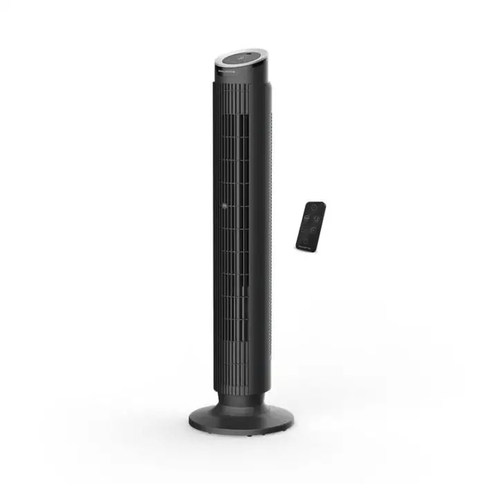 Black bladeless tower fan with circular digital control panel and hand-held remote on white background
