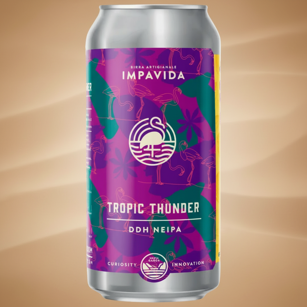 A can of Impavida Tropic Thunder DDH NEIPA beer with a flamingo and tropical leaf design.