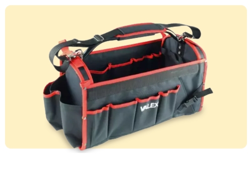 Open black and red Valex tool bag with shoulder strap, multiple external and internal pockets for hand tools and accessories