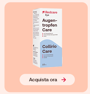 “Confezione Redcare Eye Collirio Care su sfondo rosa con pulsante ‘Acquista ora’.” “Confezione Redcare Eye Collirio Care su sfondo rosa con pulsante ‘Acquista ora’.”