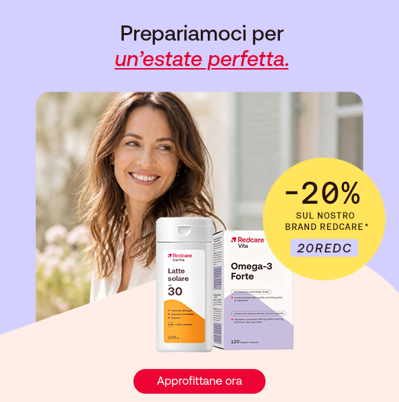 “Donna sorridente all’aperto accanto a prodotti Redcare (latte solare SPF 30 e Omega-3 Forte). Testo: ‘Prepariamoci per un’estate perfetta’. Offerta -20% sul brand Redcare con codice 20REDC e pulsante ‘Approfittane ora’.” “Donna sorridente all’aperto accanto a prodotti Redcare (latte solare SPF 30 e Omega-3 Forte). Testo: ‘Prepariamoci per un’estate perfetta’. Offerta -20% sul brand Redcare con codice 20REDC e pulsante ‘Approfittane ora’.”