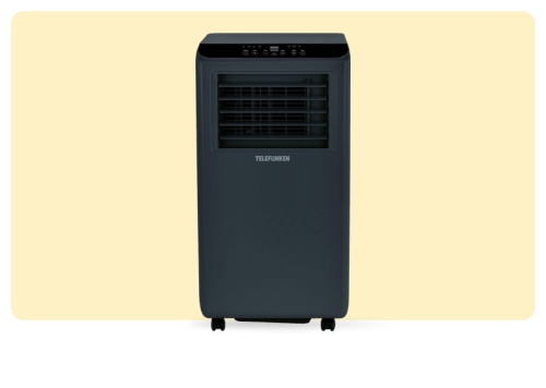 Portable Telefunken air-conditioning unit in black with front air vents, digital control panel and caster wheels