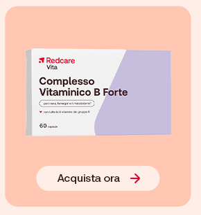 “Confezione Redcare Vita Complesso Vitaminico B Forte su sfondo rosa con pulsante ‘Acquista o “Confezione Redcare Vita Complesso Vitaminico B Forte su sfondo rosa con pulsante ‘Acquista o