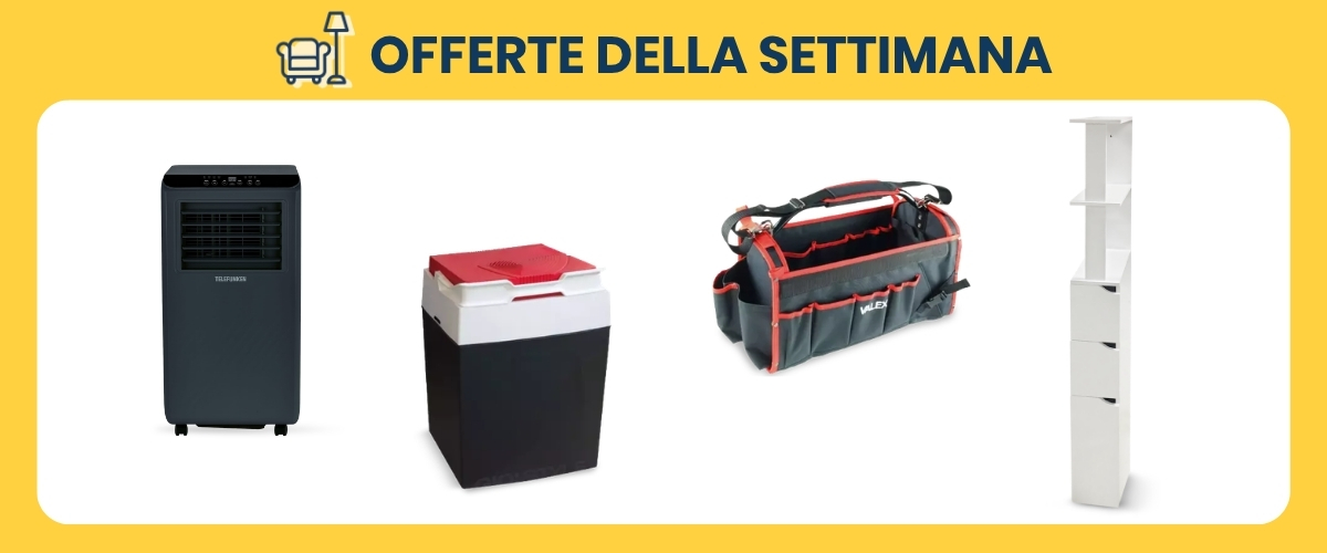 Weekly offers banner showing a portable air cooler, portable cool box, tool bag and tall white shelving storage unit on yellow background