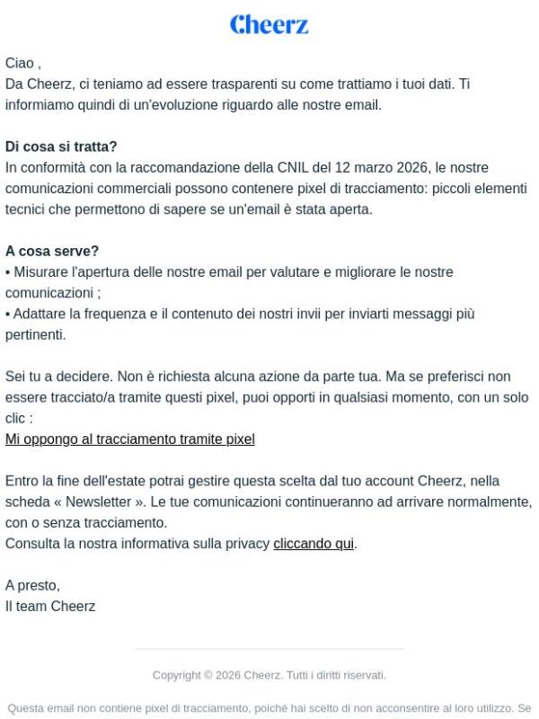 Le tue email Cheerz: un'informazione sui nostri pixel di tracciamento 📜