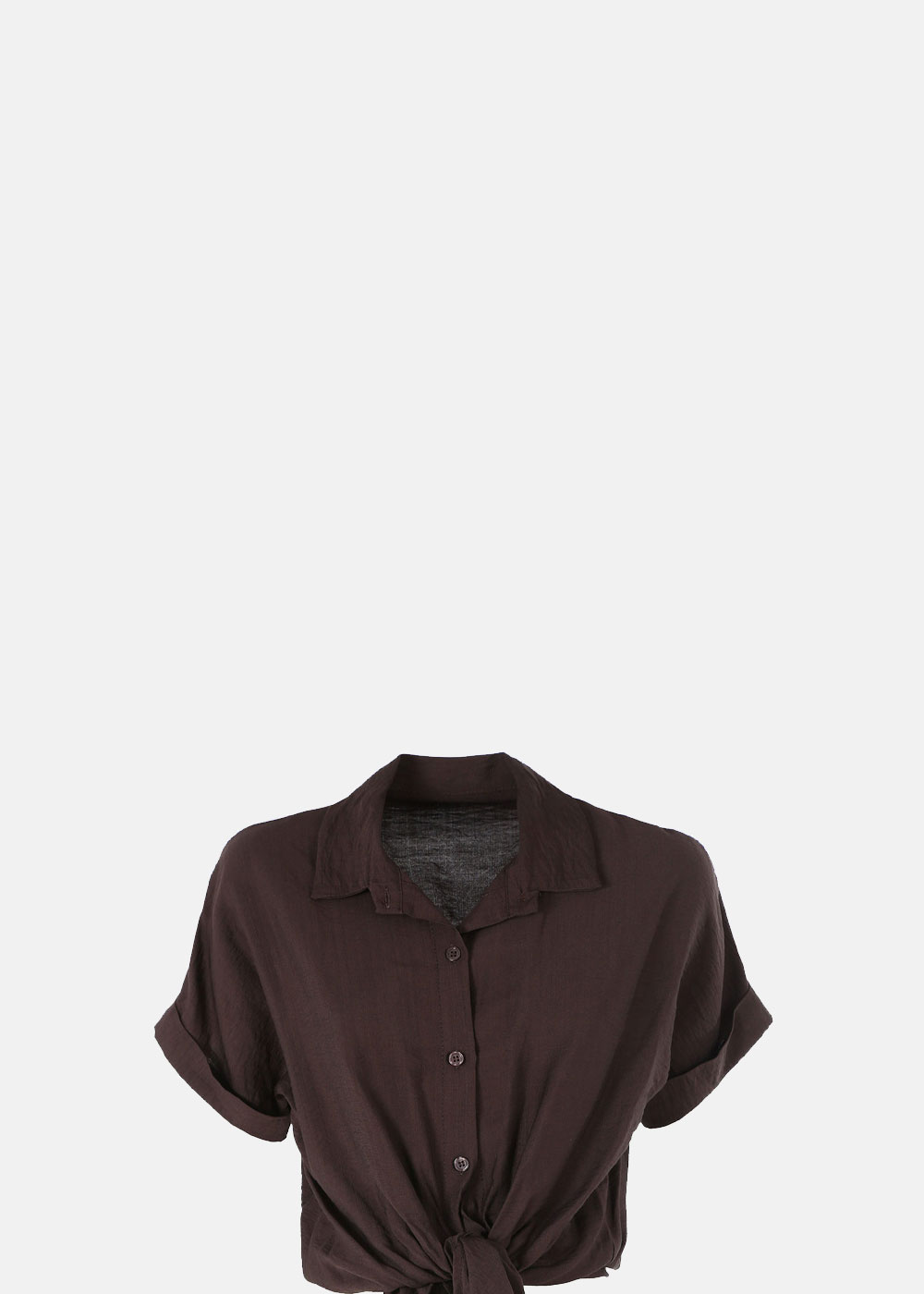 Brown women's collared short-sleeve button-up blouse with front tie knot on white background