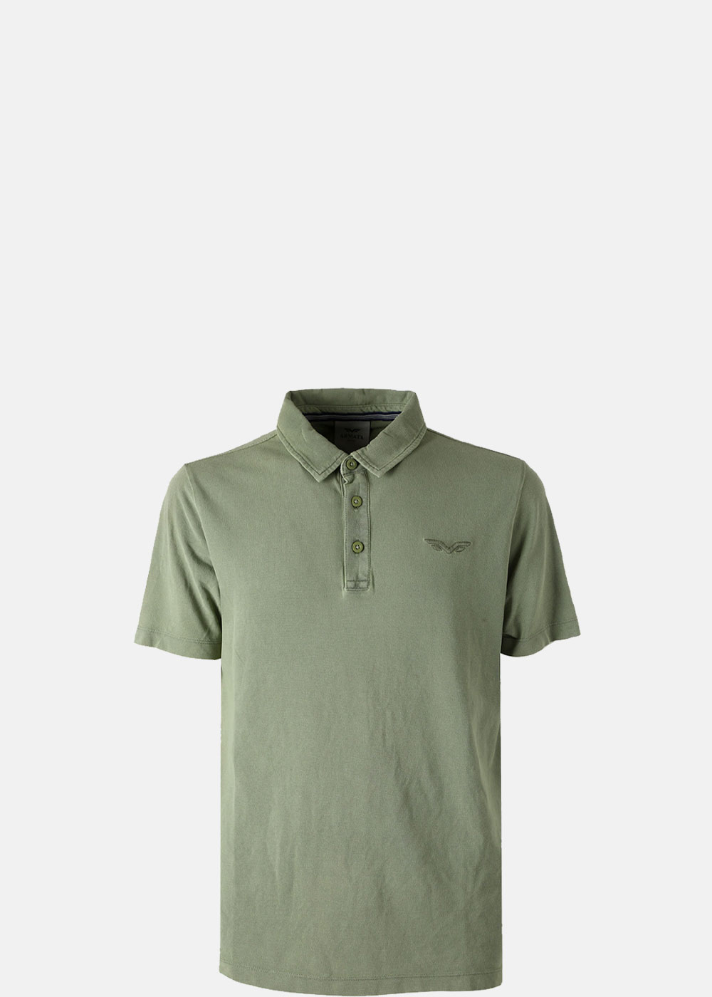 Olive green men's short-sleeve polo shirt with three-button placket and small embroidered wing logo, flat-lay on white background