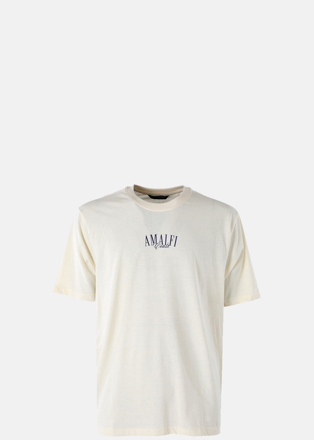 Men's cream cotton T-shirt with small navy 'AMALFI Coast' chest logo, crew neck and short sleeves