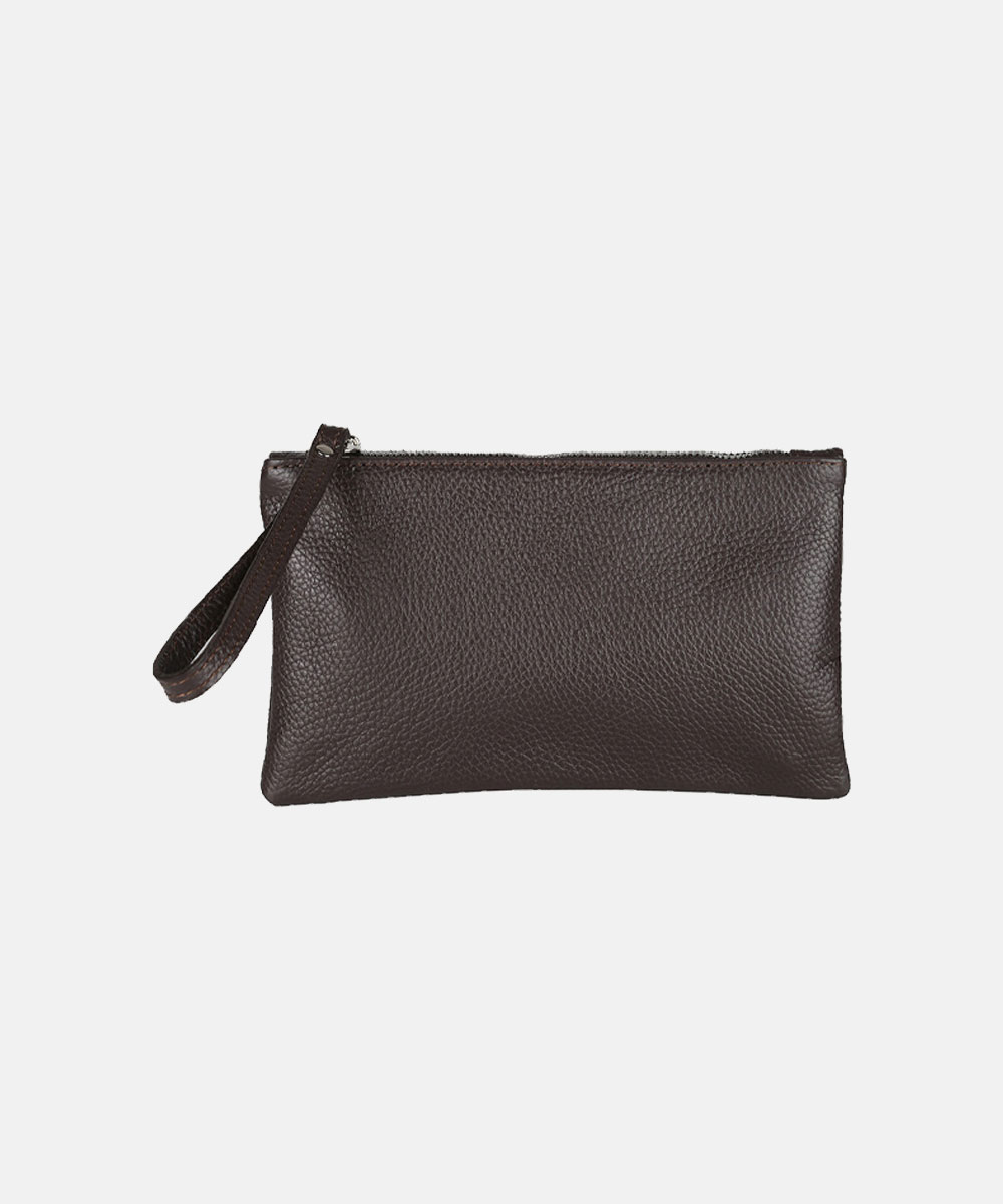 Dark brown pebbled leather wristlet clutch with zip closure and wrist strap on white background