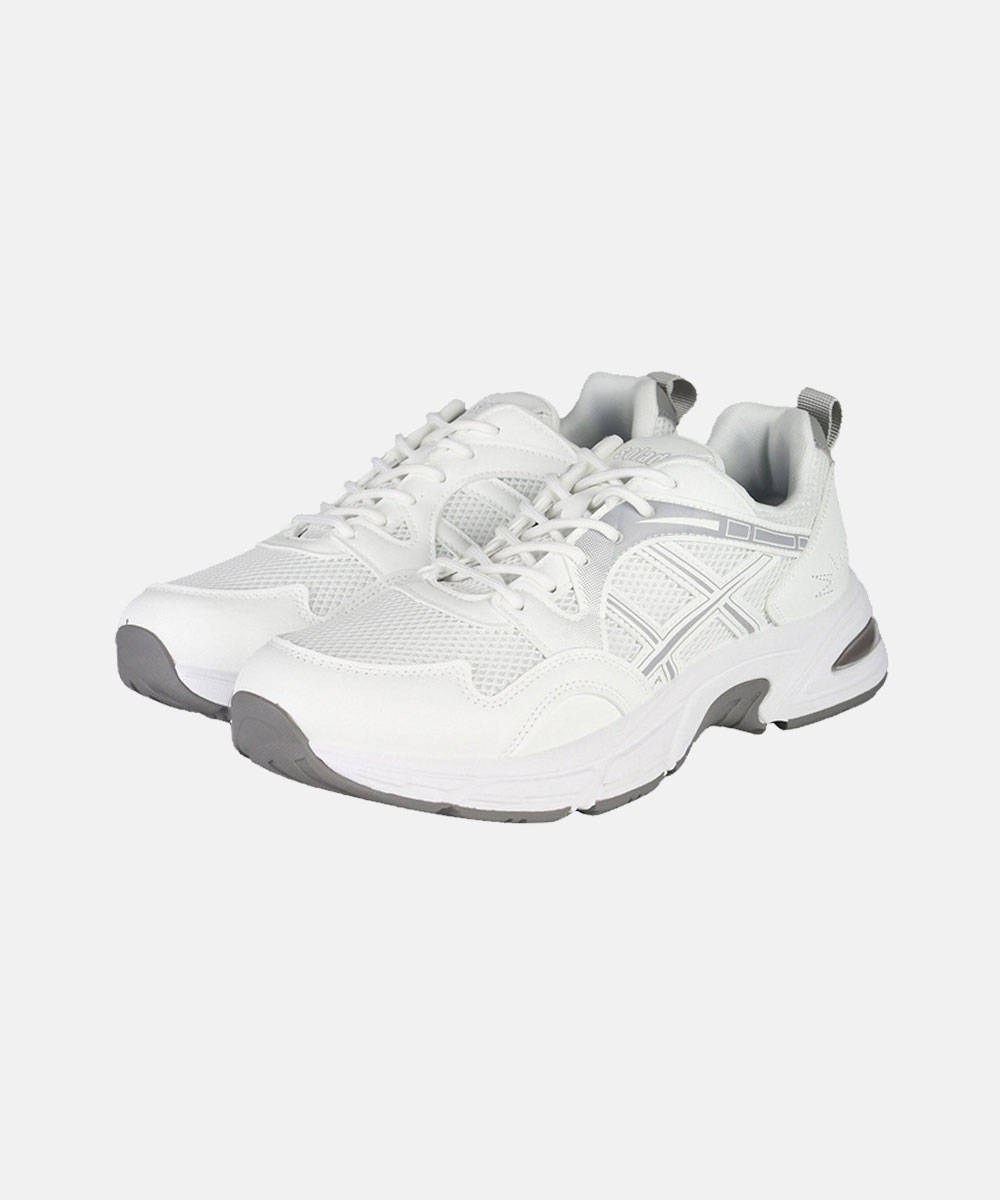Pair of white lace-up mesh running trainers with grey rubber soles and cushioned heel, textured side overlays, three-quarter view