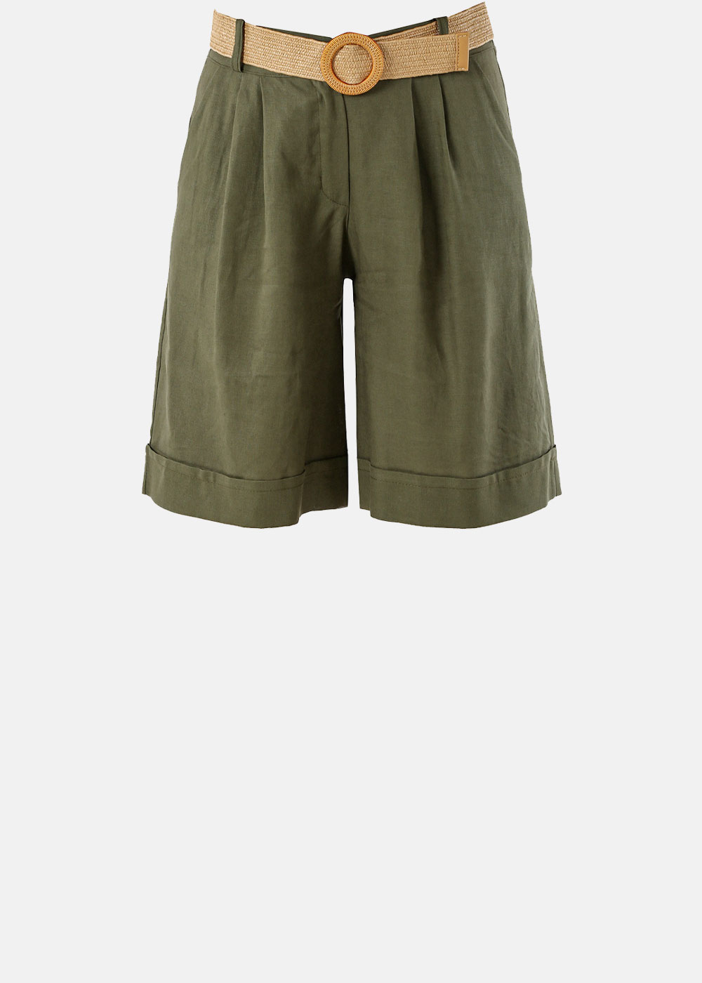 High-waisted olive-green linen shorts with rolled hems and tan woven belt with circular buckle