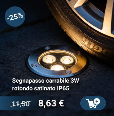 Round satin-finish 3W recessed IP65 in-ground driveway step light with three LED lenses beside a car tyre
