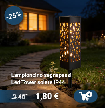 Solar LED tower path light with decorative lattice casting warm warm glow along garden stepping-stone path at night, IP44