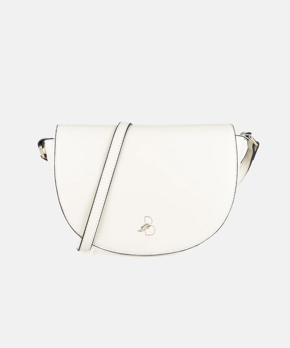 White leather saddle crossbody bag with curved flap, adjustable strap and small gold logo emblem
