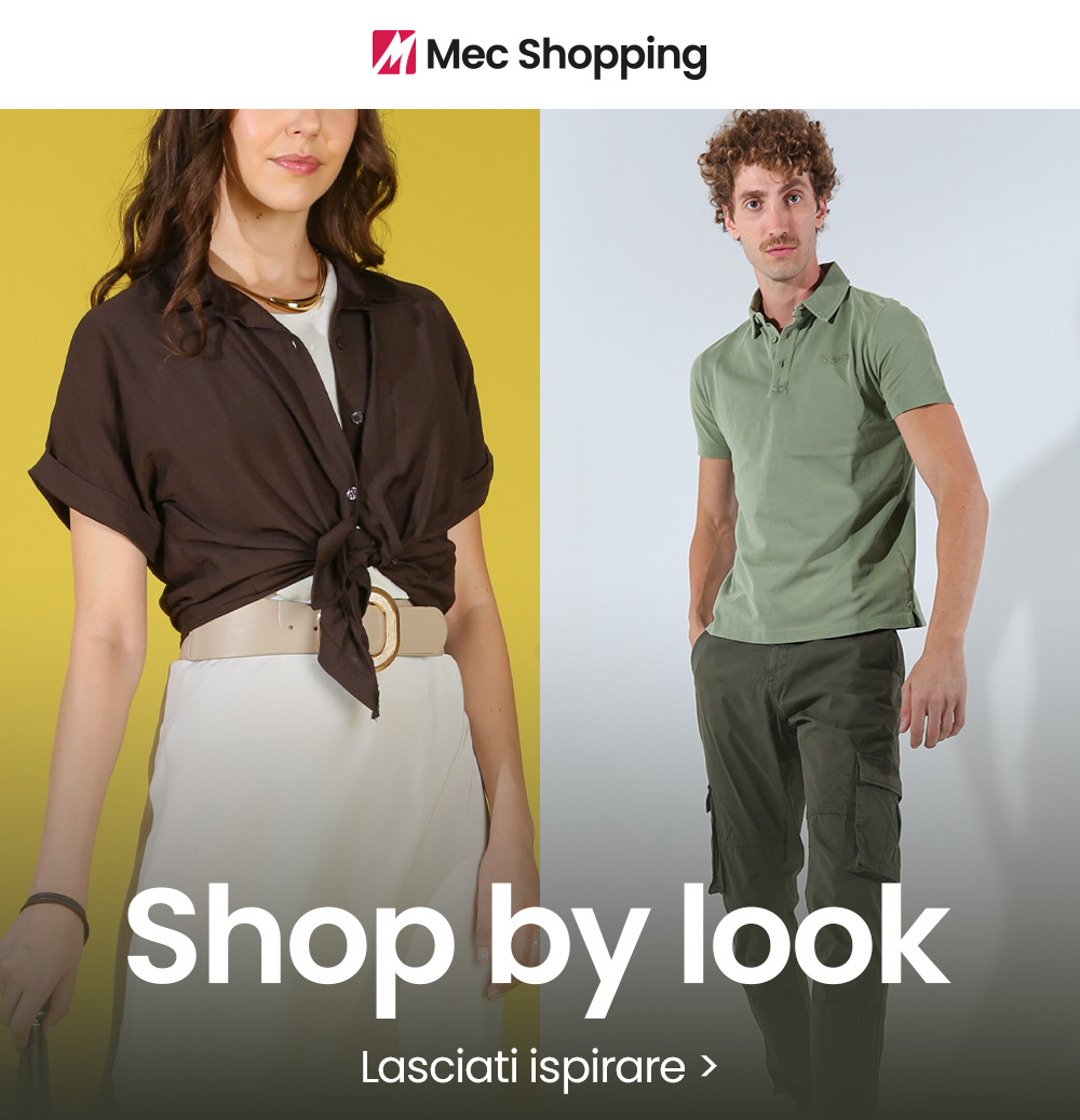 Split promo image of woman's knotted brown shirt, white skirt and beige belt, and man's green polo with trousers, with 'Shop by look' text