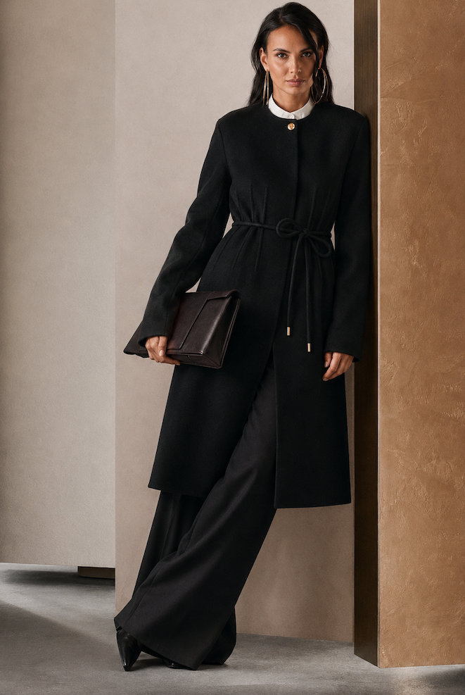 MAX MARA Cappotto lungo Nero con cintura, redingote in lana