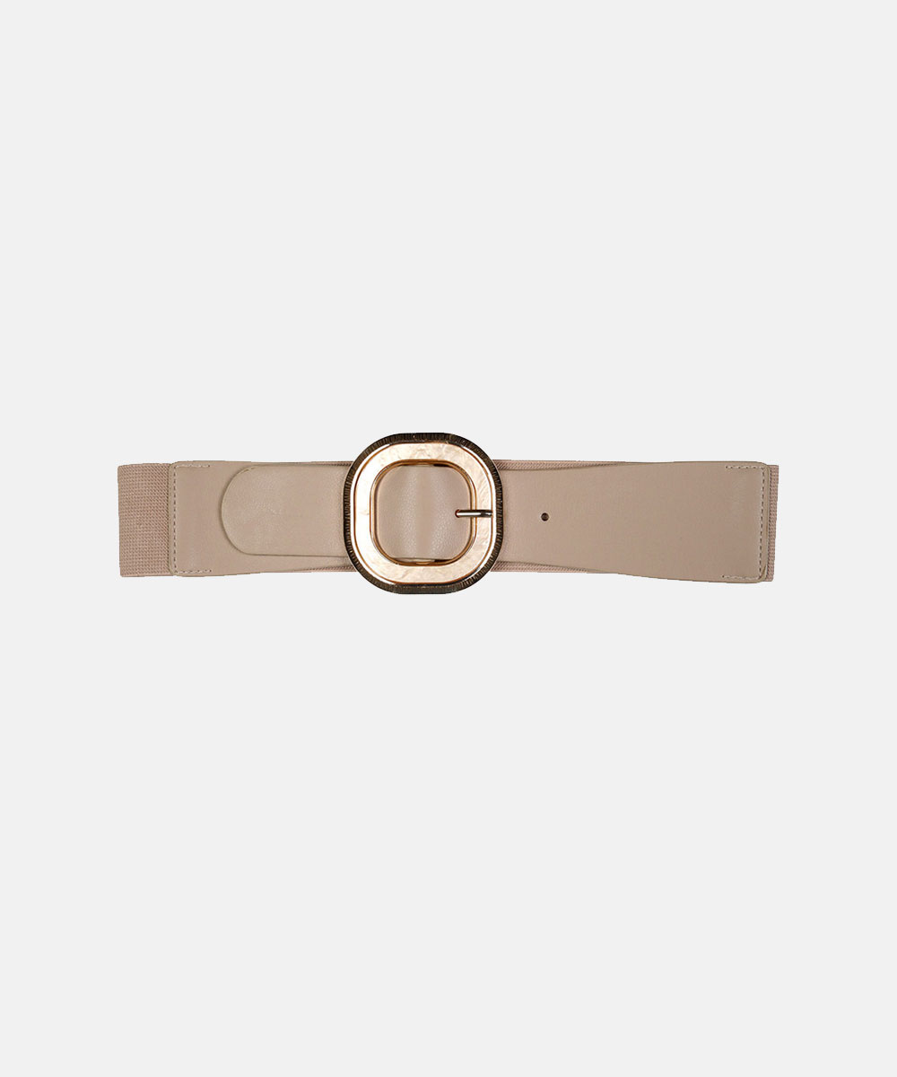 Beige wide women's waist belt with large square gold buckle and elastic back panel, laid flat on white background