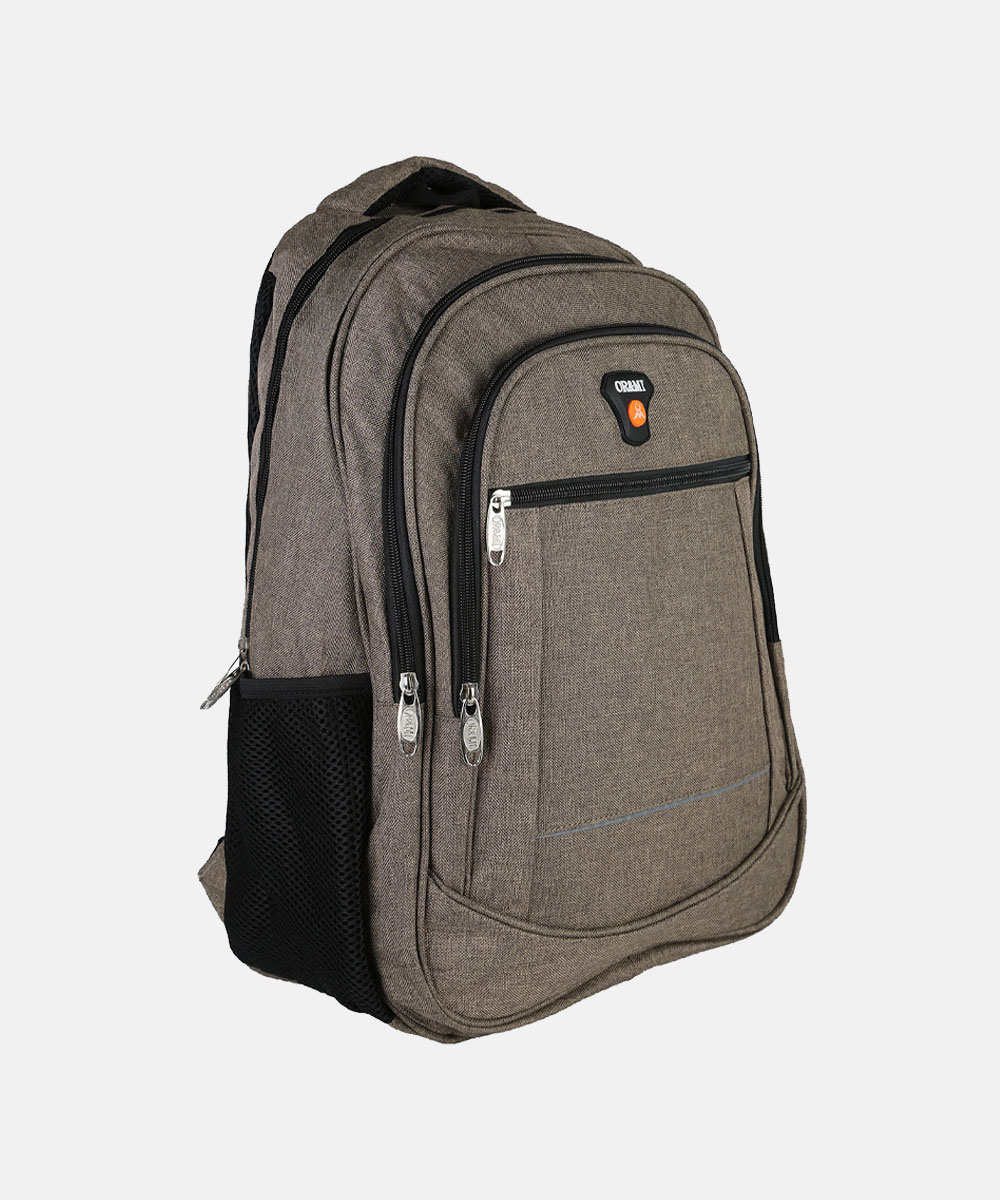 Grey-brown fabric backpack with multiple zippered compartments, front pocket, side mesh bottle pocket and top carry handle