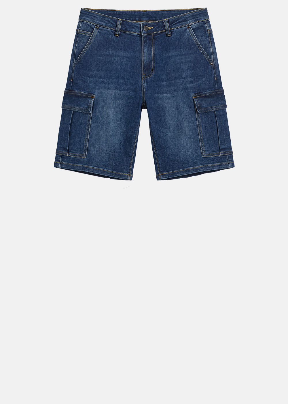 Men's dark blue denim cargo shorts with side flap pockets, belt loops and zip fly