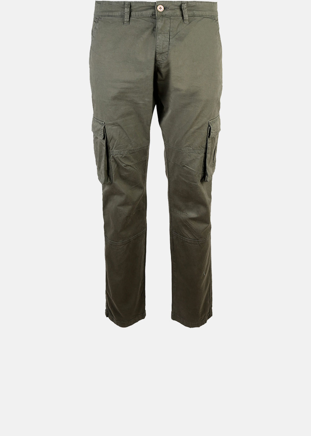 Men's olive green cargo trousers with button closure, multiple flap pockets and straight leg — casual utility trousers