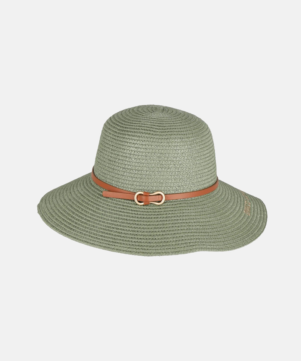 Sage green woven wide-brim sun hat with brown leather-look band and gold buckle, women's summer beach hat
