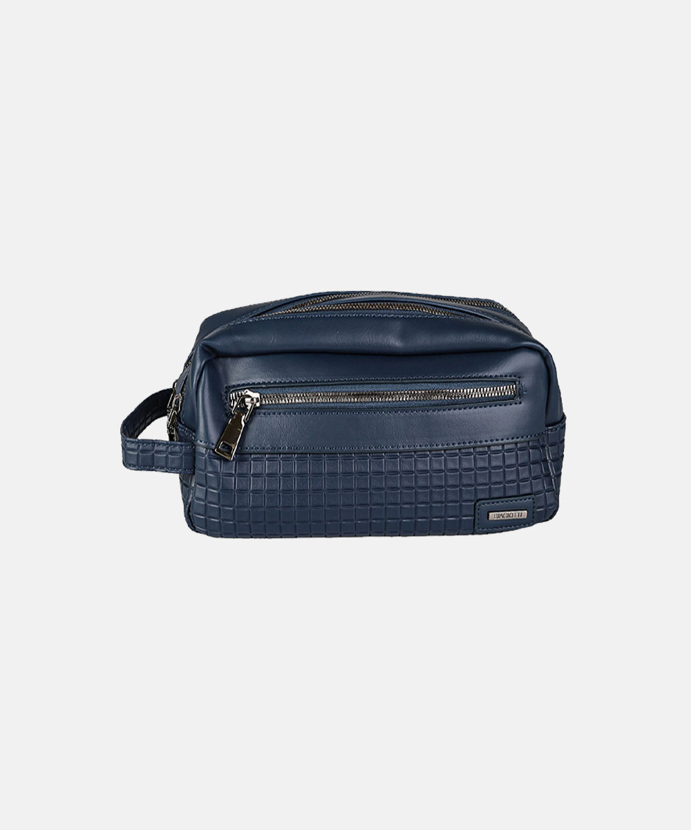 Men's navy leather toiletry bag with textured base, exterior zip pocket and side handle