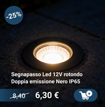 Round 12V recessed LED pathway light, black IP65 double emission, set into paving with -25% sale badge