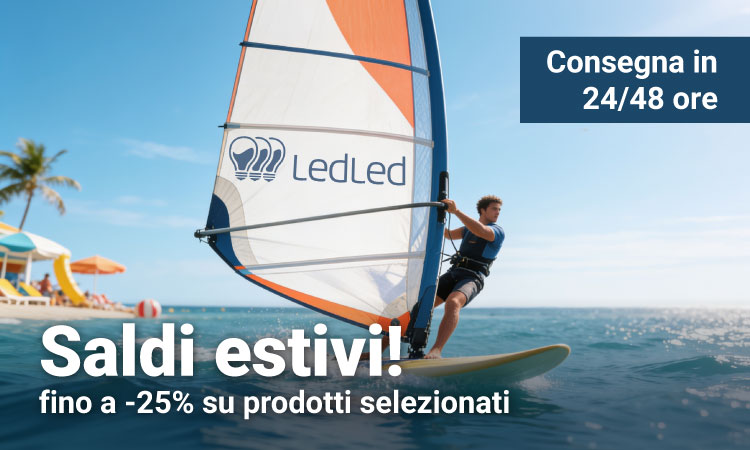 Windsurfer on a sunny beach with LedLed logo on sail; Italian summer sale offering up to 25% off selected products and 24–48h delivery