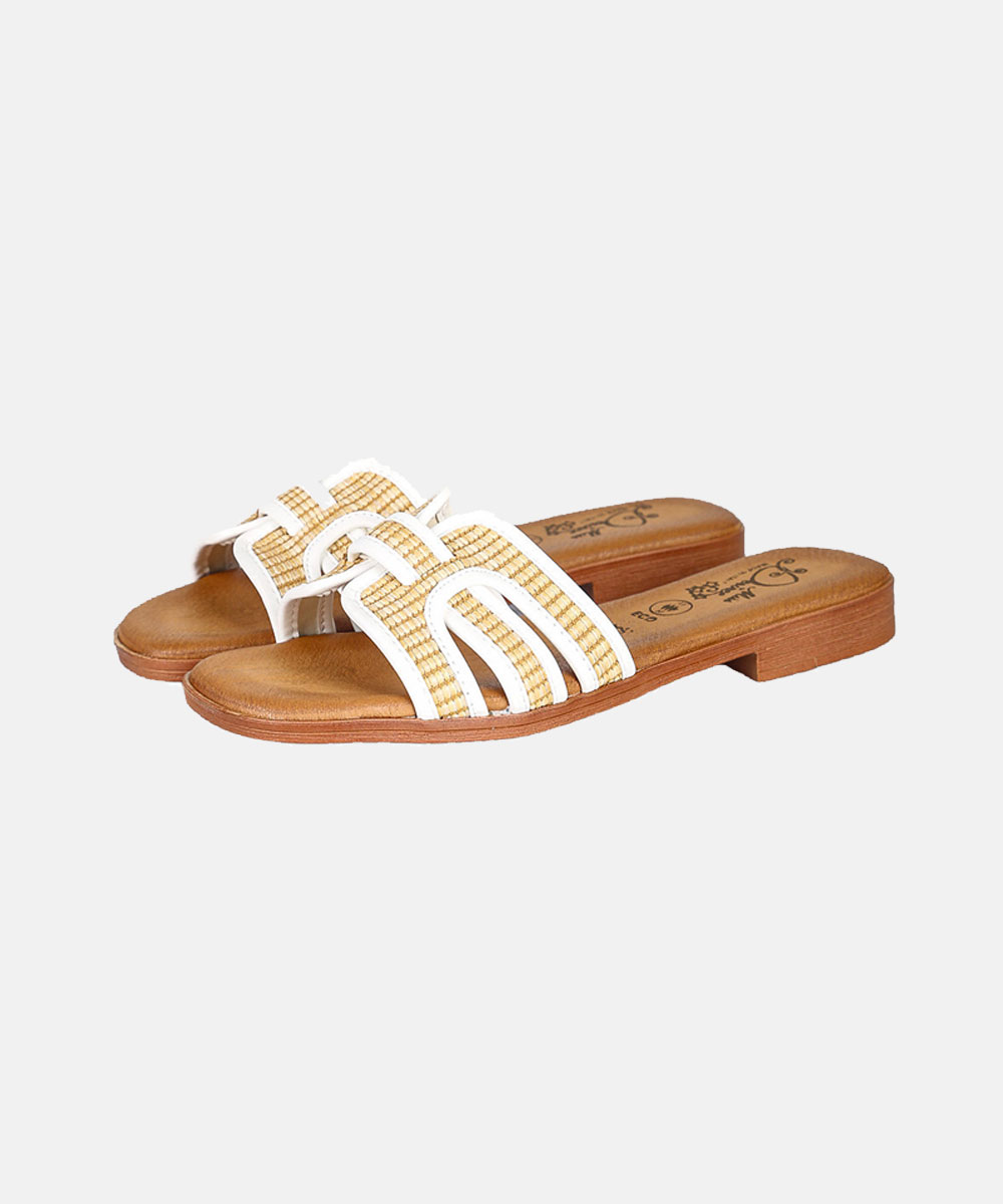Women's tan leather woven slide sandals with white trim, low wooden heel and cushioned footbed