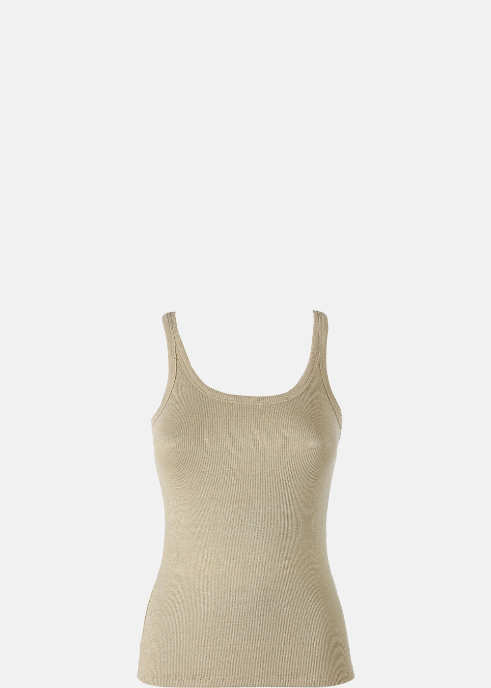 Beige ribbed women's tank top with scoop neck and slim fit on white background
