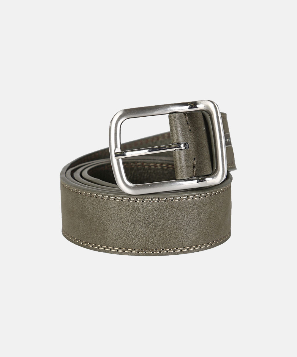 Olive suede leather belt rolled with silver rectangular buckle and visible contrast stitching