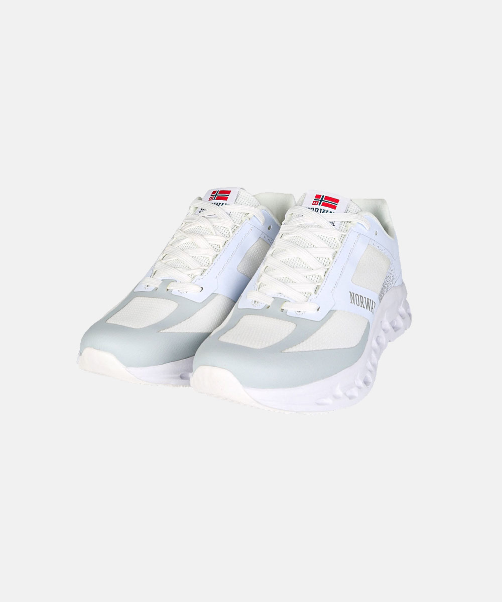Pair of white and light grey running trainers with mesh panels, cushioned soles, Norwegian flag on tongues and 'NORWAY' branding