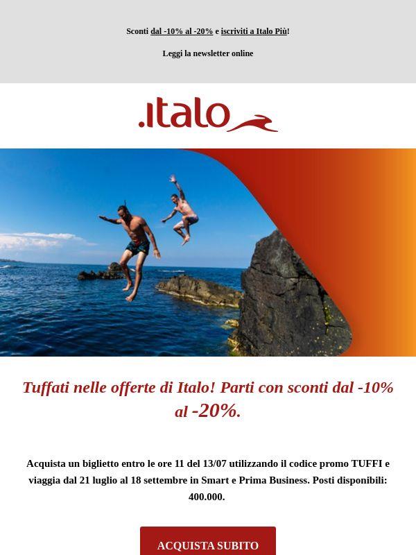 Tuffati nelle offerte di Italo! Parti con sconti dal -10% al -20%.