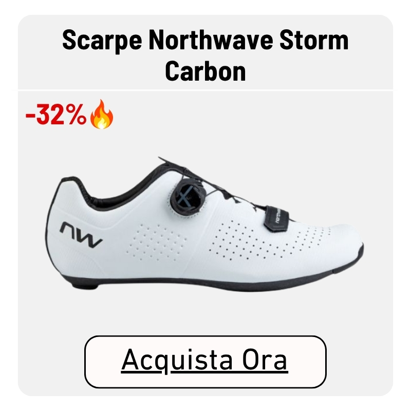White Northwave Storm Carbon road cycling shoe, side view with BOA dial, -32% sale badge and 'Acquista Ora' buy-now button