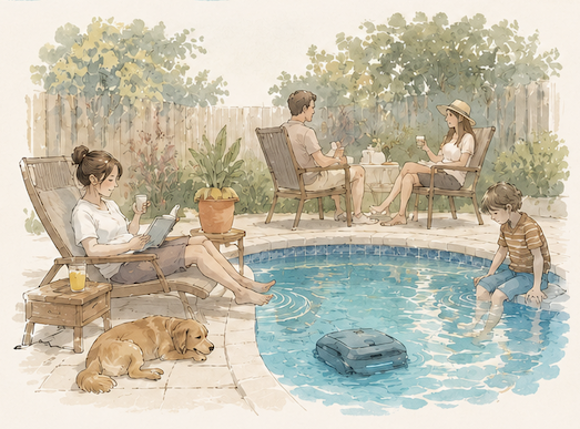 una famiglia felice in piscina