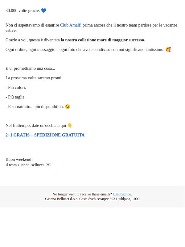 Grazie per aver reso questo il nostro lancio di costumi da bagno di maggior successo di sempre.